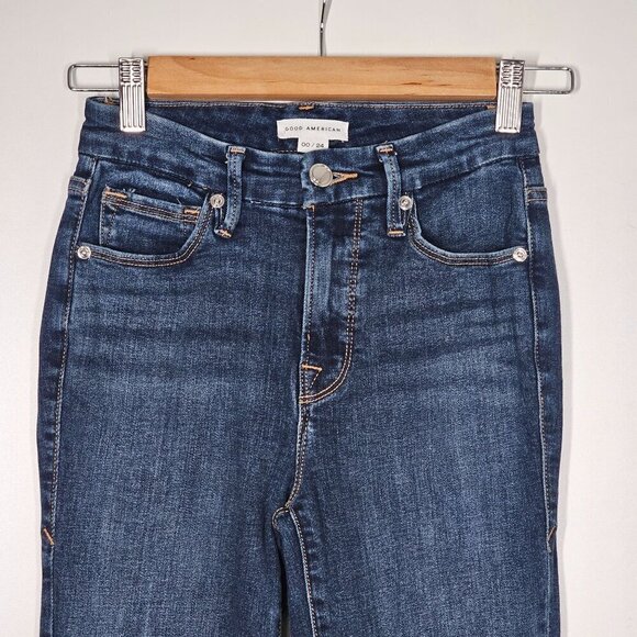 Good American Good Legs Skinny Jeans Dark Wash Distressed Chewed Hem Size 00/24 - Picture 7 of 15